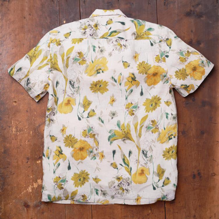 Camp Collar Shirt S/S Linen Yellow Flowers Men - 0