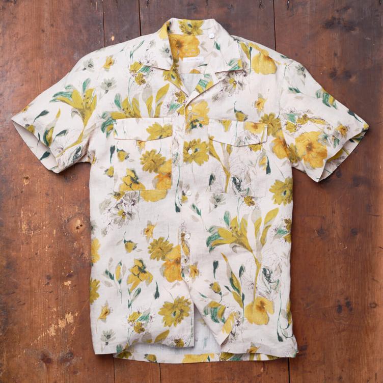 Camp Collar Shirt S/S Linen Yellow Flowers Men